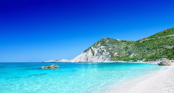 A calm Skyros beach in the warm light of late summer