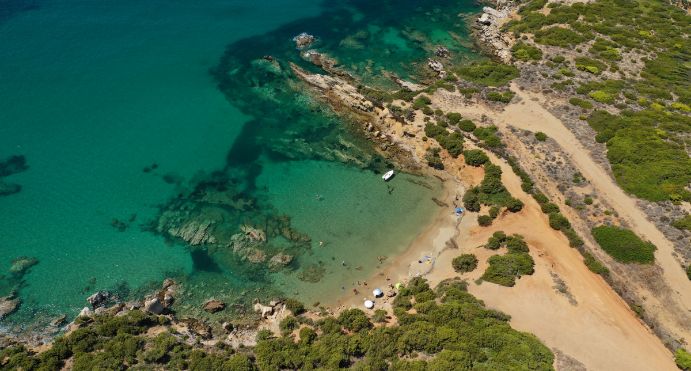 The long sandy beaches of Magazia and Molos below Chora on Skyros