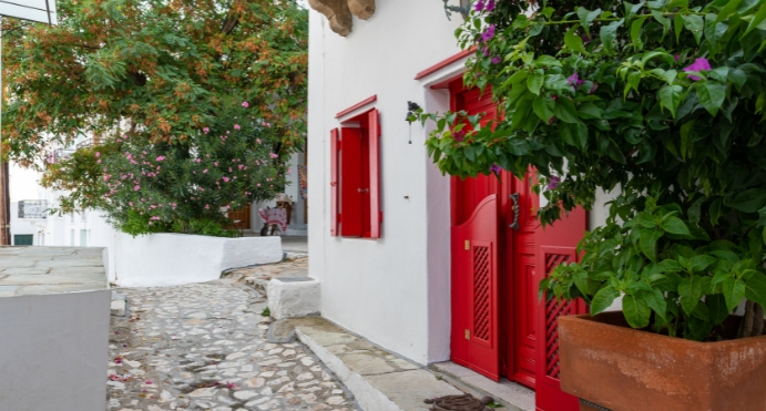 The whitewashed town of Chora, Skyros, above Magazia where Brooke Square stands